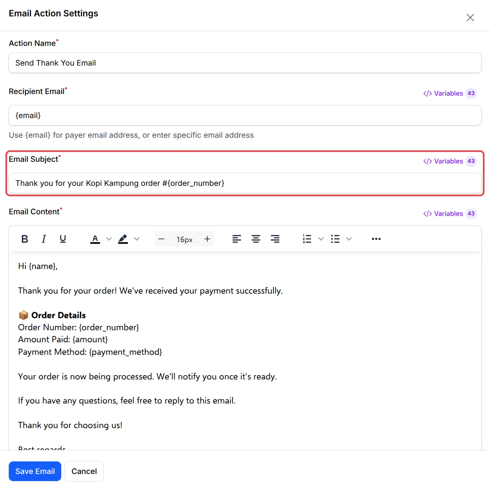 Email Action Settings of Send Thank You Email with the subject and message