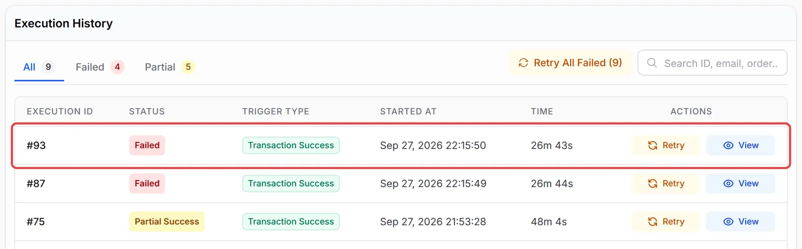 Execution History with the latest run highlighted