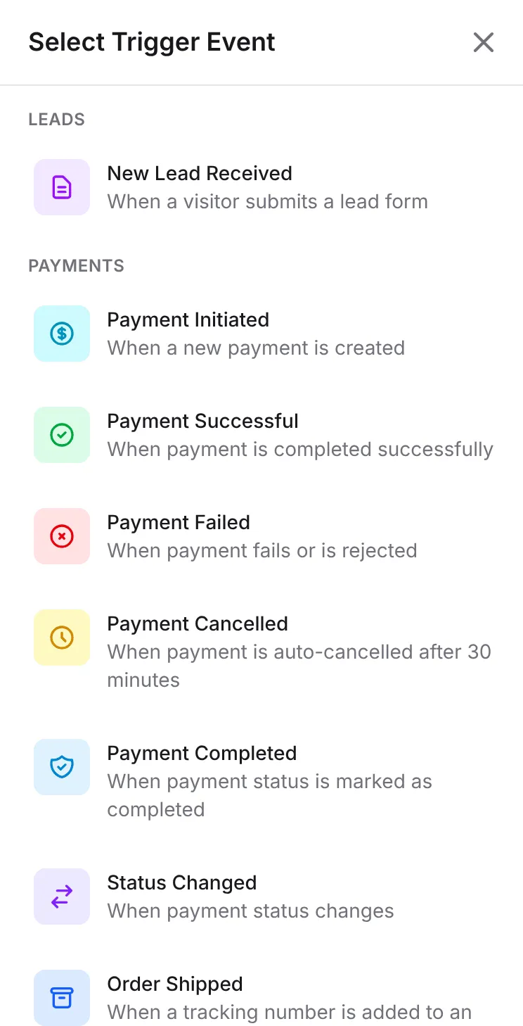 The Select Trigger Event panel listing the lead and payment triggers