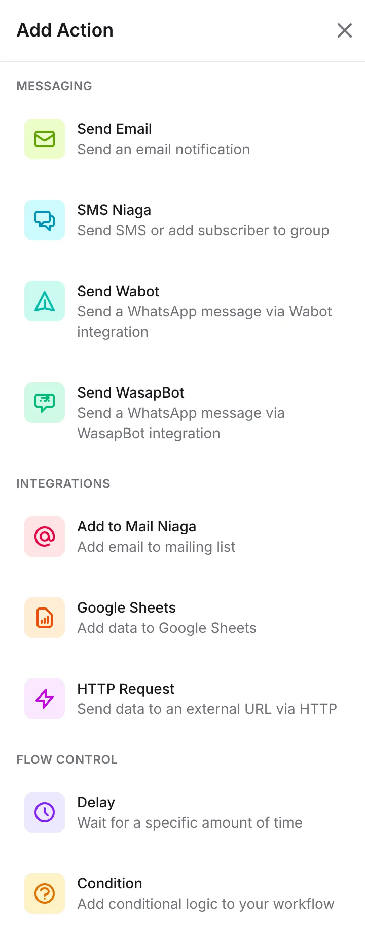 The Add Action panel with the Messaging, Integrations and Flow Control groups