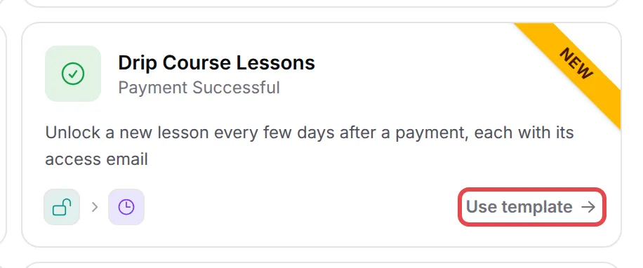 The Drip Course Lessons template card with Use template highlighted