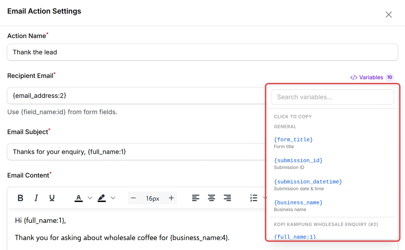 The Variables list open next to Recipient Email, showing the General group and the fields of a lead form