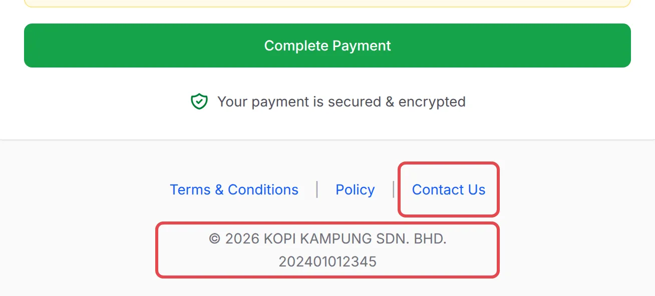 The bottom of a payment form with the Contact Us link and the company name and registration number highlighted
