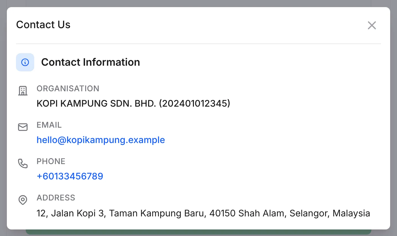The Contact Us pop-up with the organisation, email, phone and address