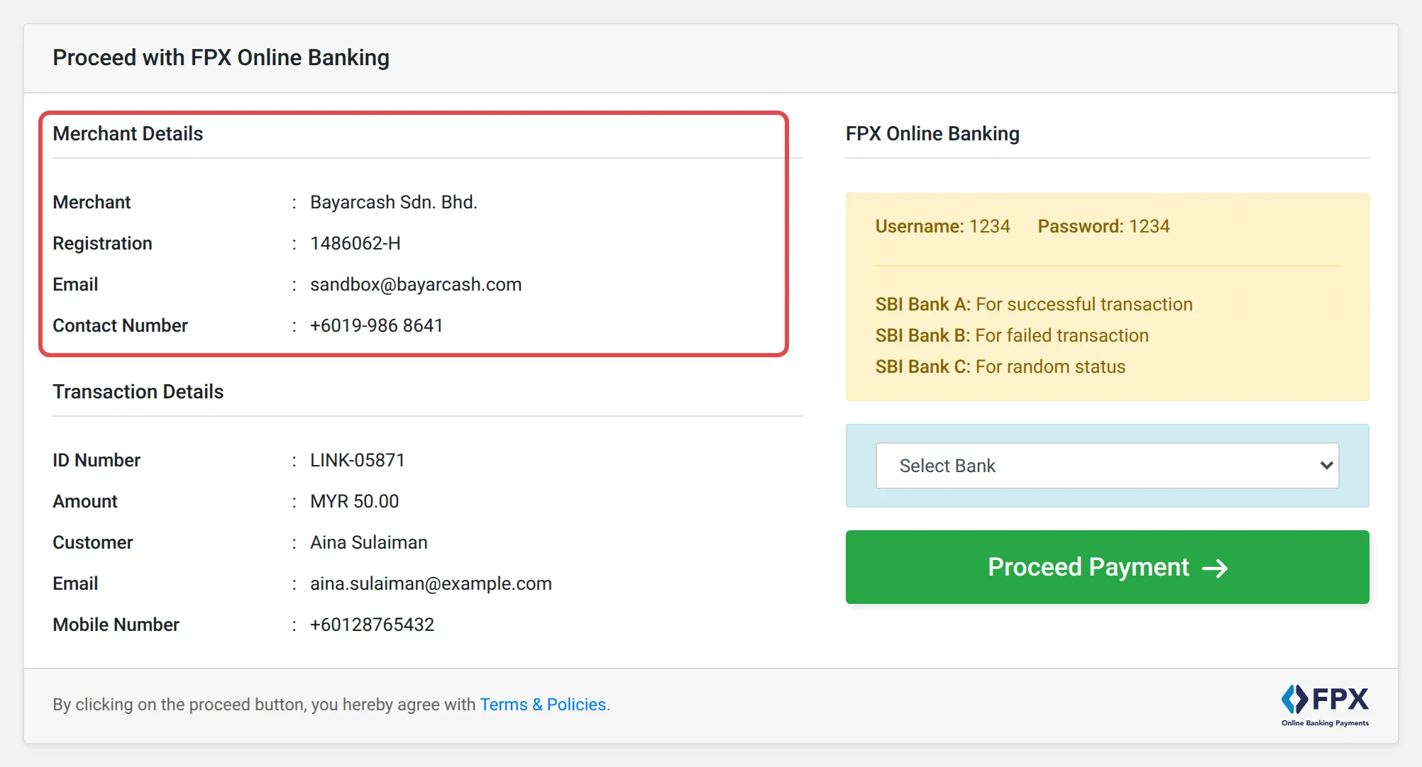 The Bayarcash payment page with the Merchant Details highlighted, and the Transaction Details below