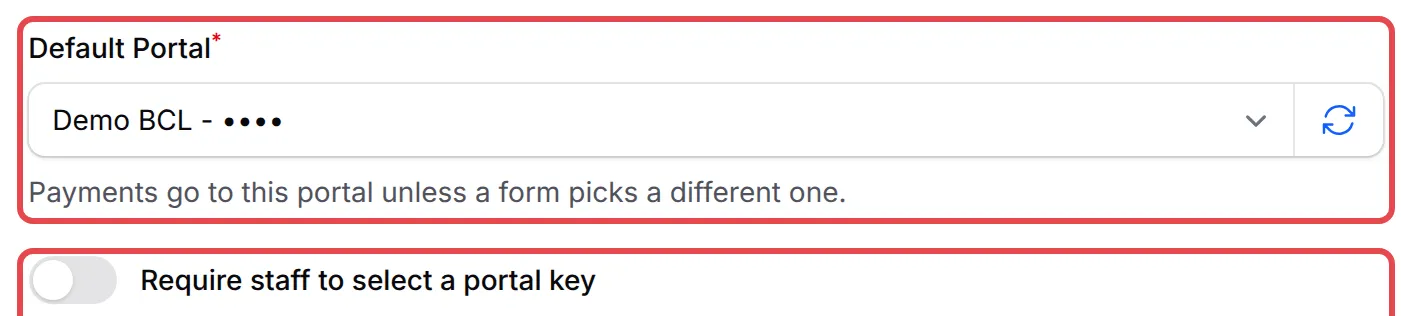 The Default Portal field and the Require staff to select a portal key switch highlighted