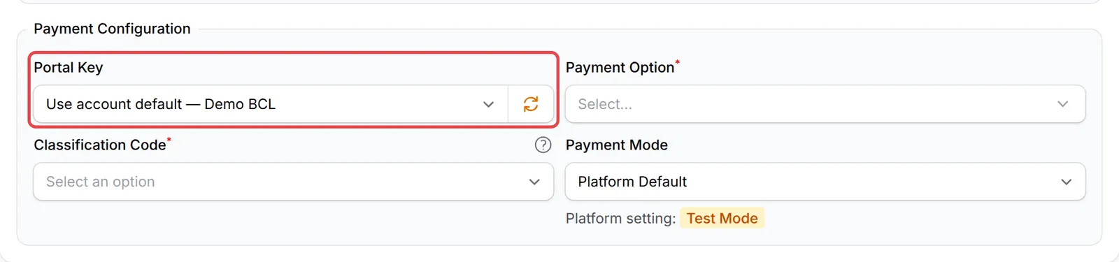 Bahagian Payment Configuration pada payment form, dengan ruangan Portal Key ditanda