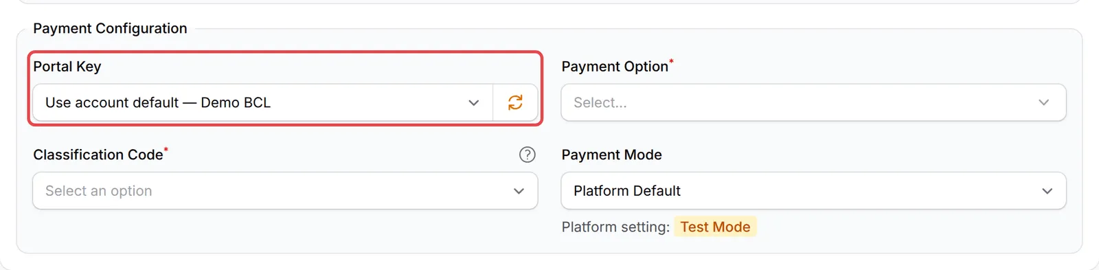 The Payment Configuration section of a form, with the Portal Key field highlighted