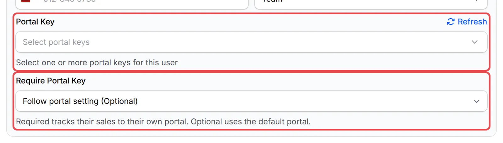 Tetingkap Edit seorang staf dengan ruangan Portal Key dan Require Portal Key ditanda