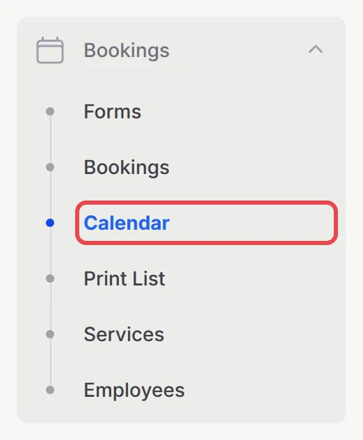The Bookings menu in the sidebar with Calendar highlighted