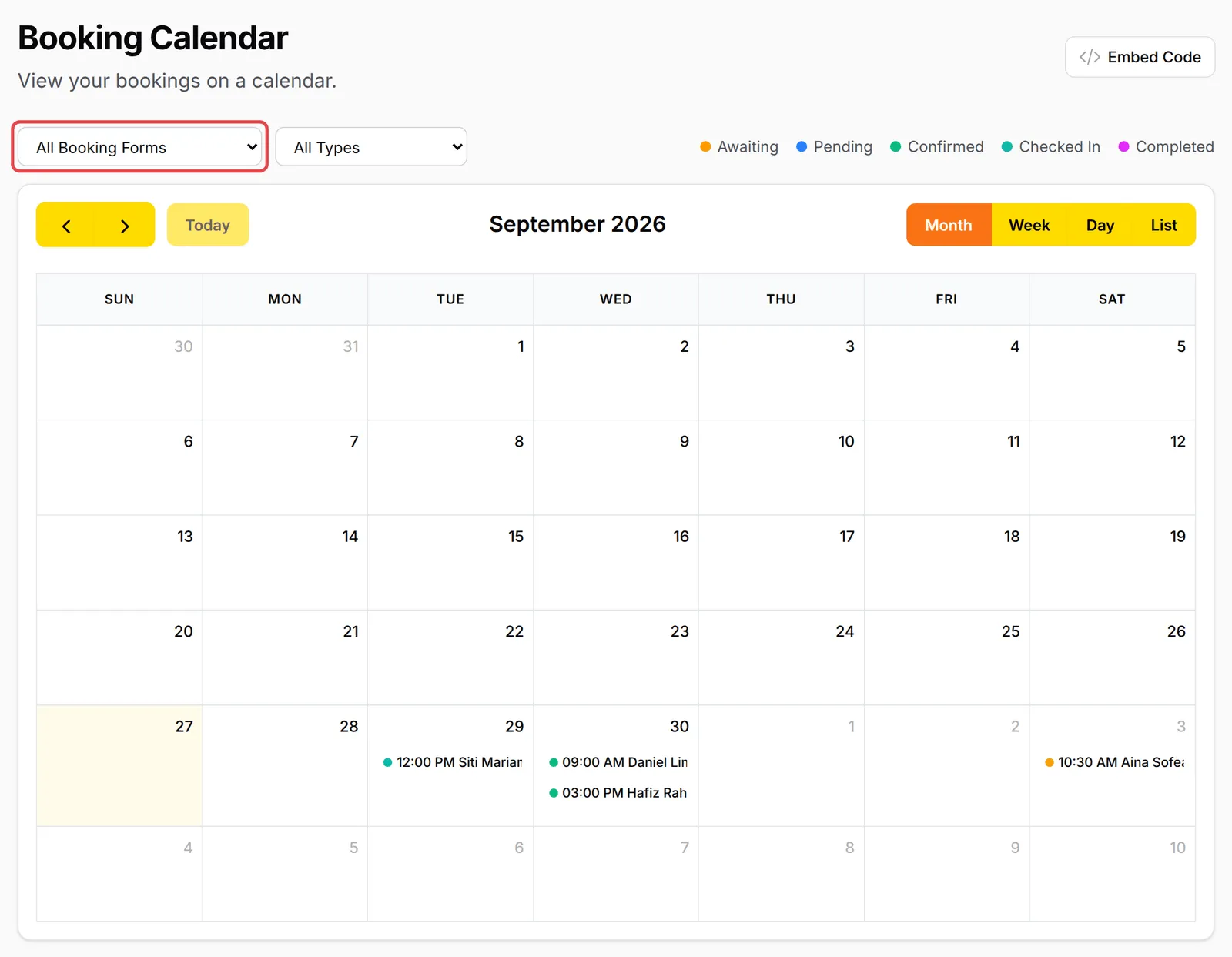 The Booking Calendar in Month view, with the All Booking Forms filter highlighted and bookings on 29 and 30 September