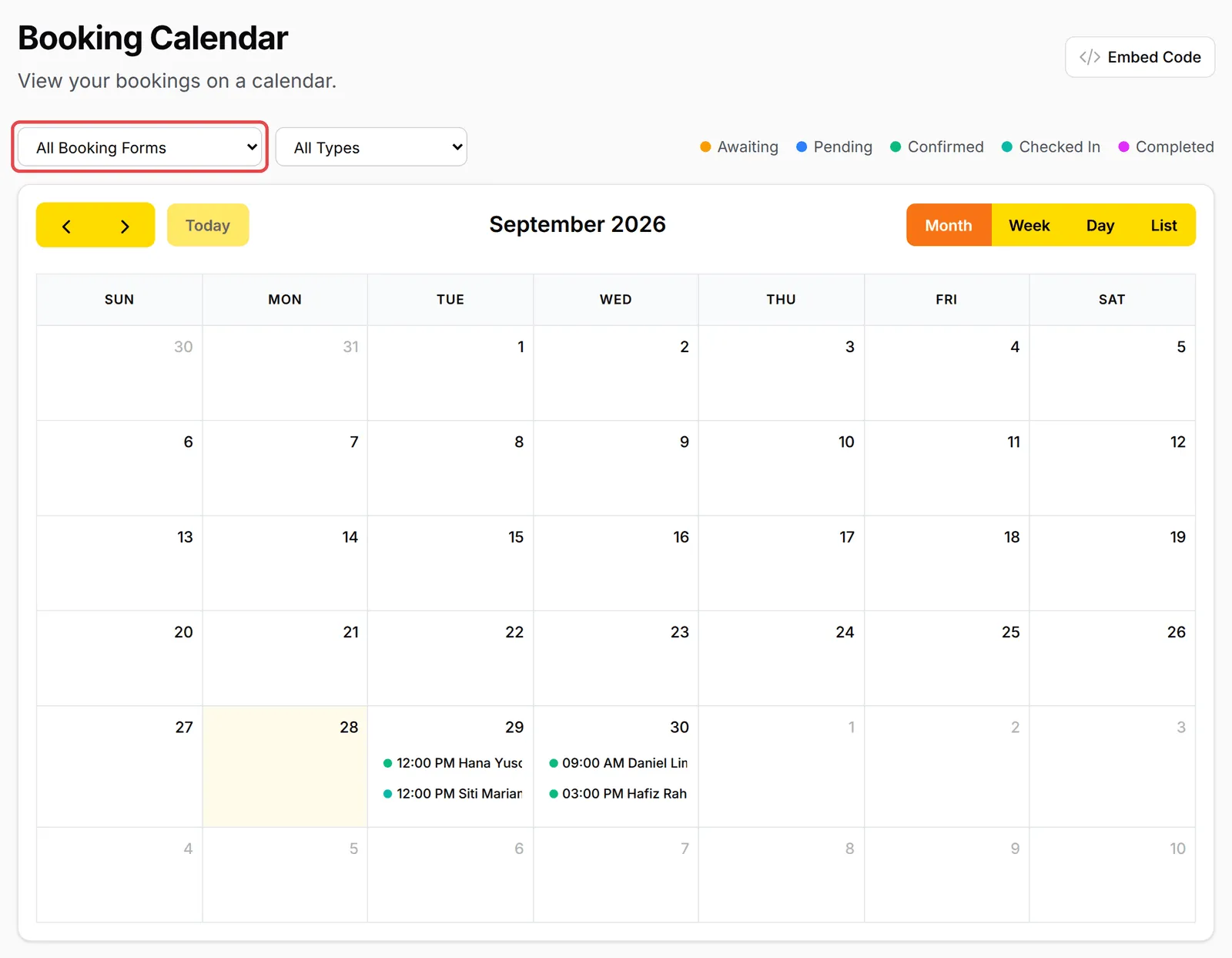 Month视图的Booking Calendar，All Booking Forms筛选已标示，9月29日和30日有预约