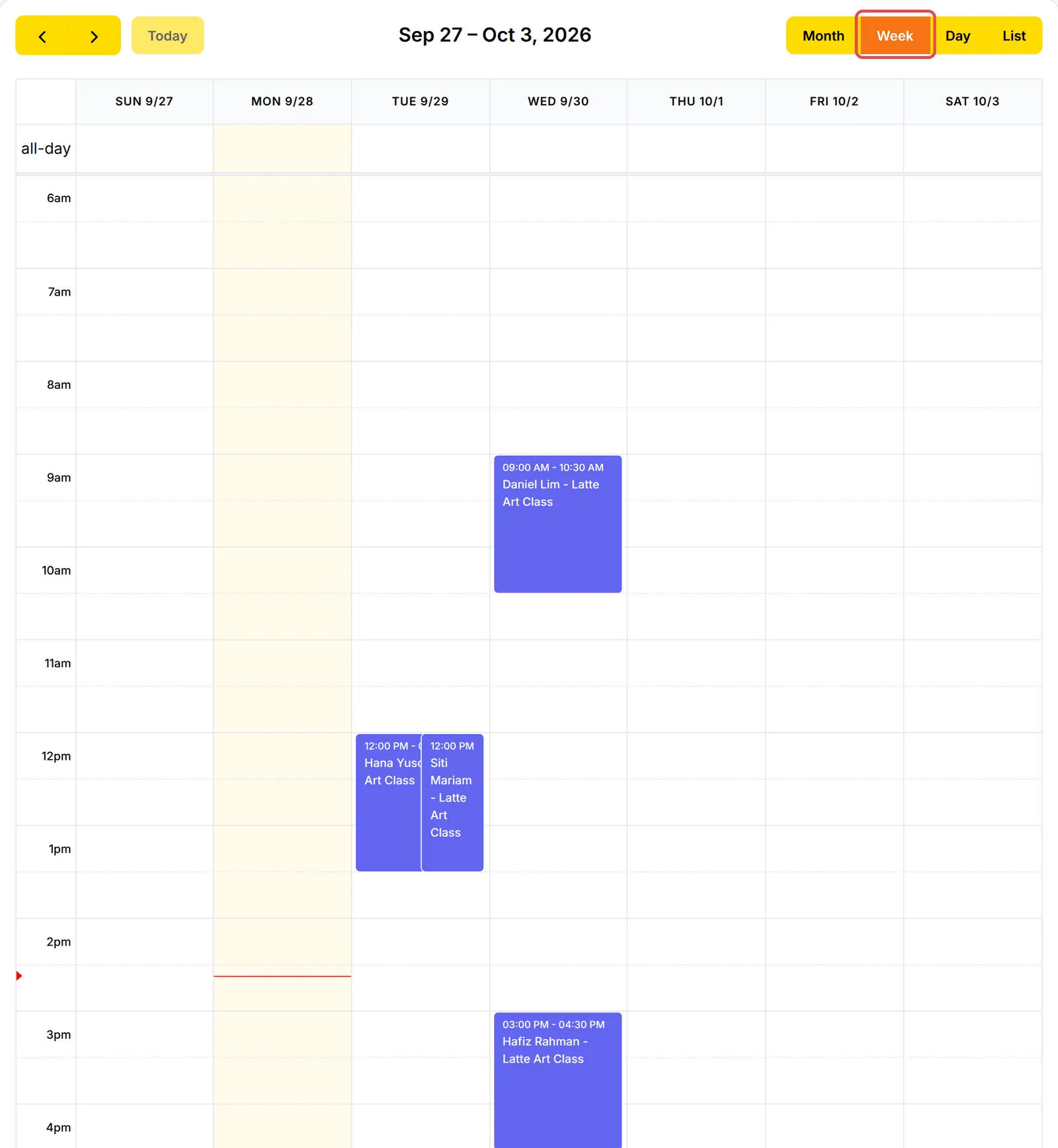 Week视图，Week按钮已标示，预约显示在各自的时间