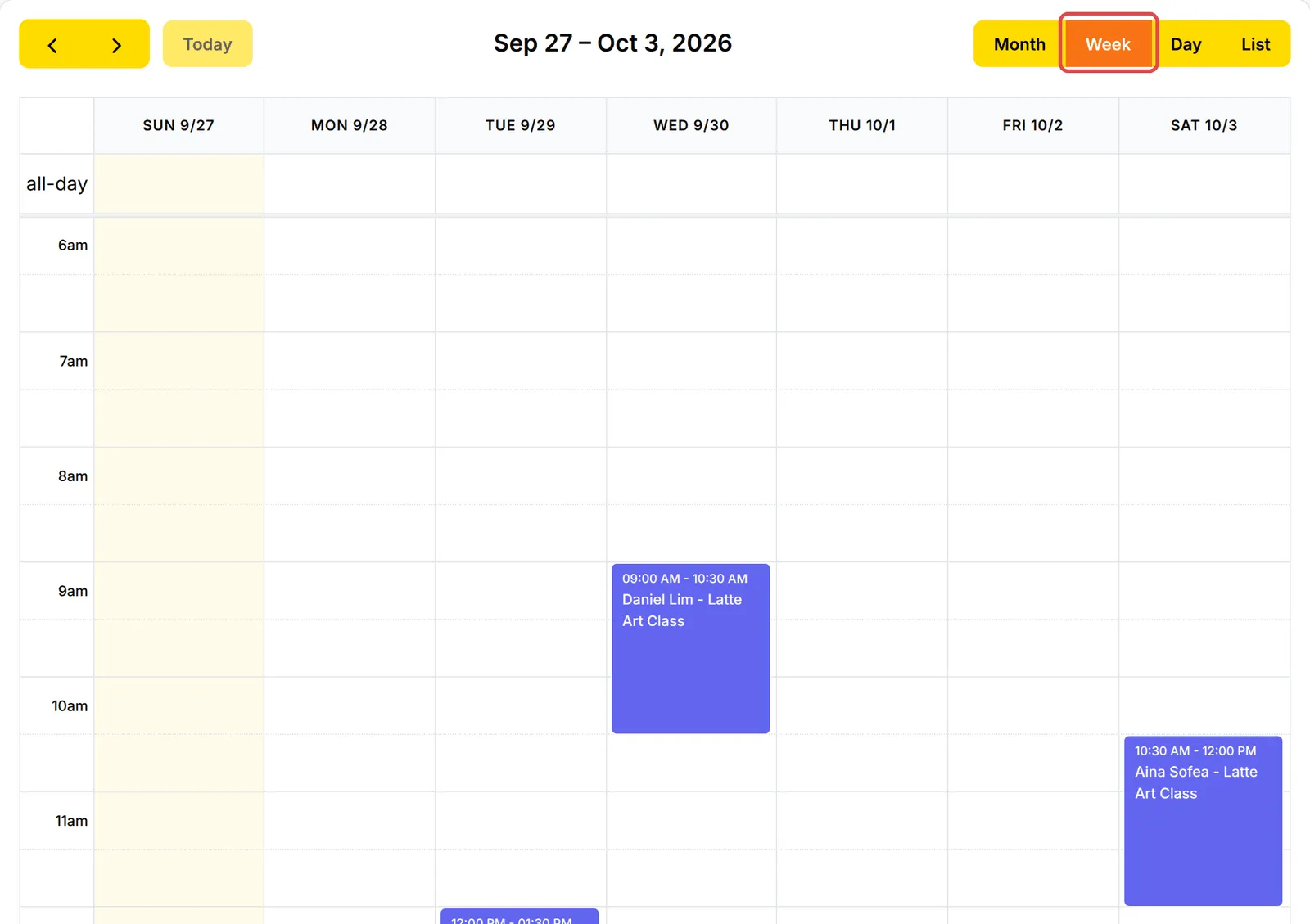 The Week view with the Week button highlighted and bookings shown at their times