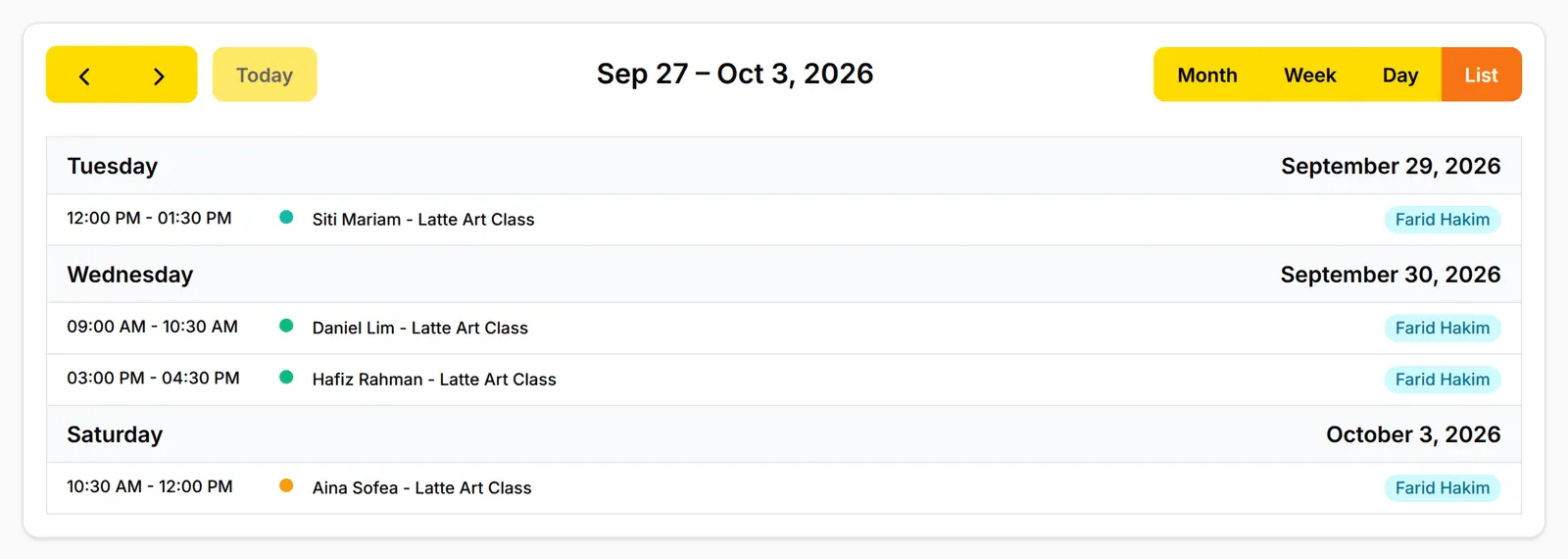 The List view with bookings grouped by day and each employee’s name