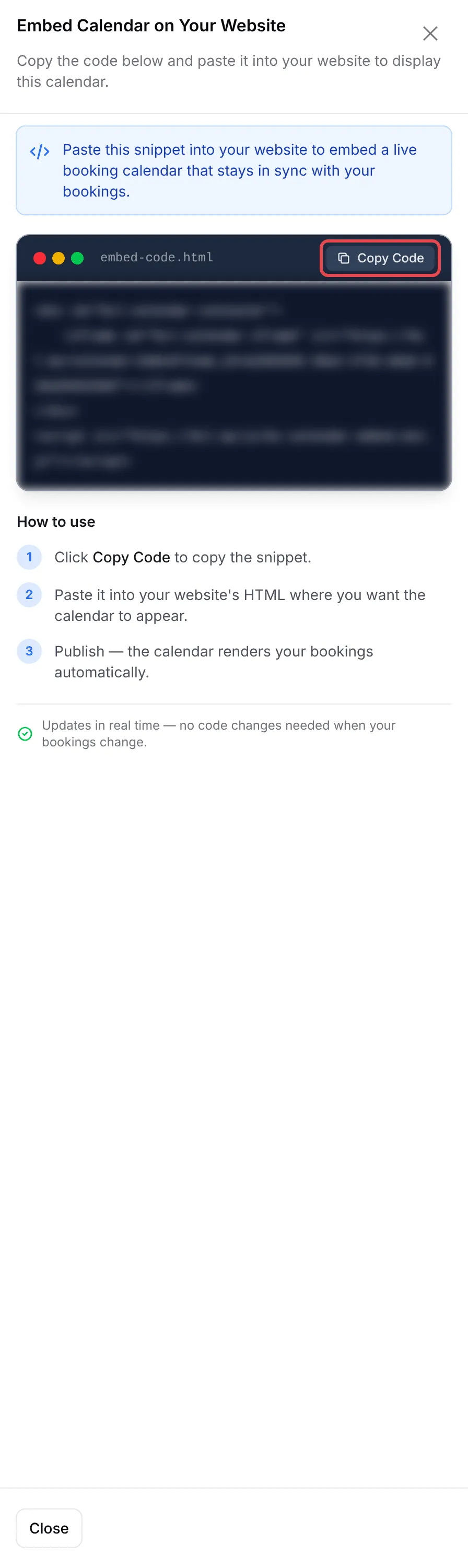 The Embed Calendar on Your Website panel with the Copy Code button highlighted