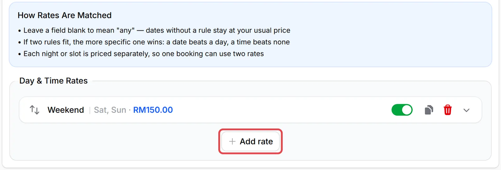 The Day & Time Rates section with the Weekend rate and the Add rate button highlighted