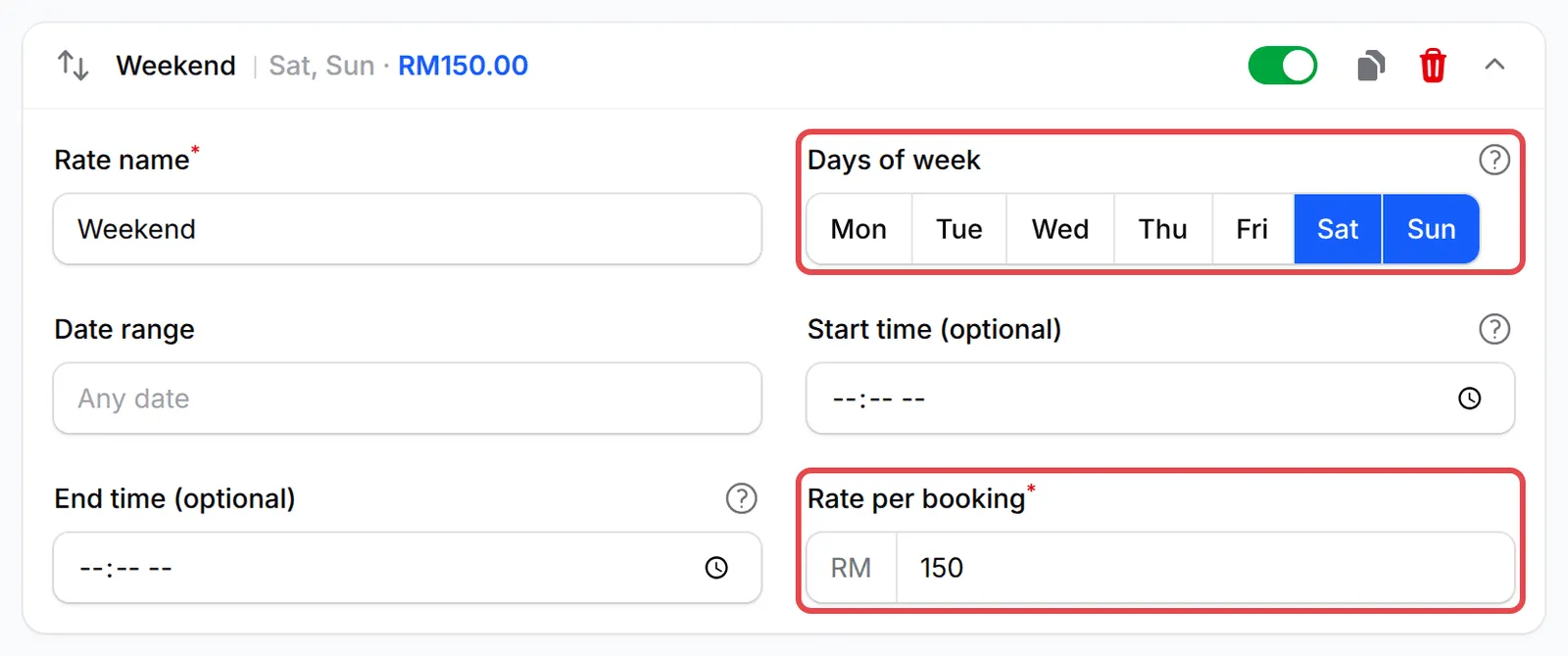 已展开的Weekend价格规则，已选Sat和Sun，Rate per booking为RM 150