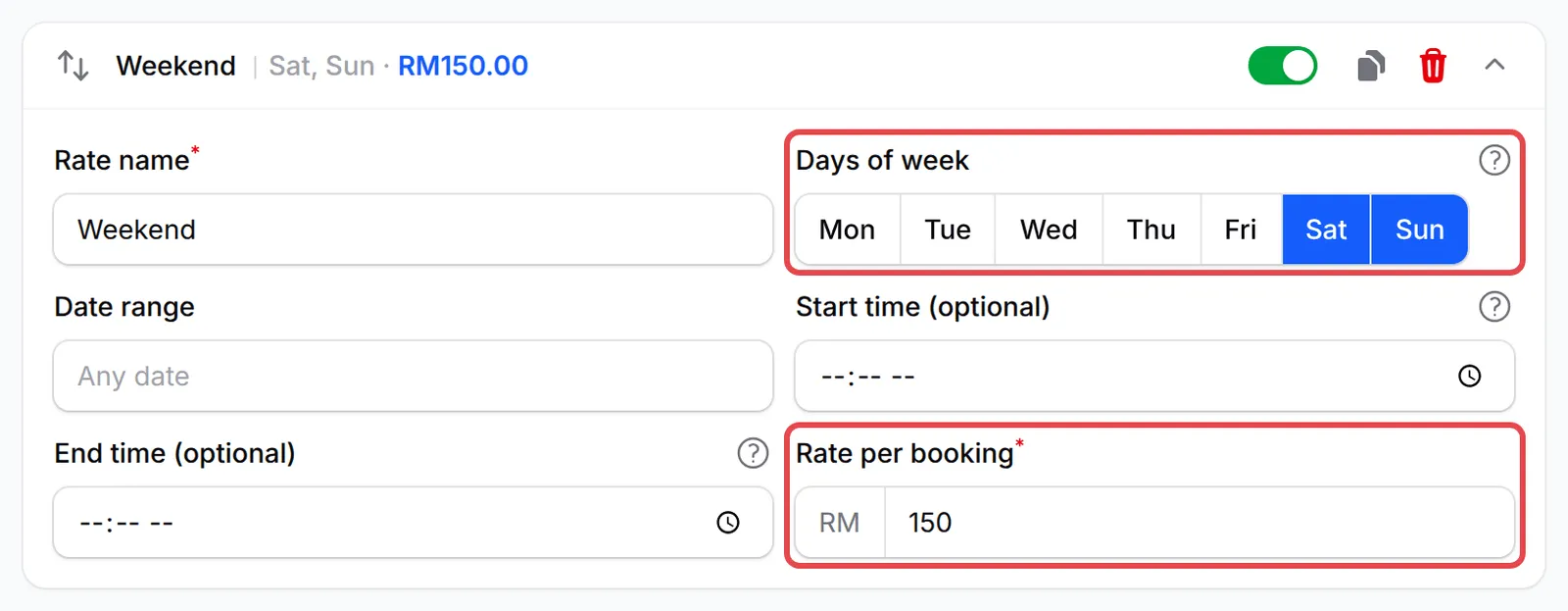 The Weekend rate opened, with Sat and Sun selected and a Rate per booking of RM 150