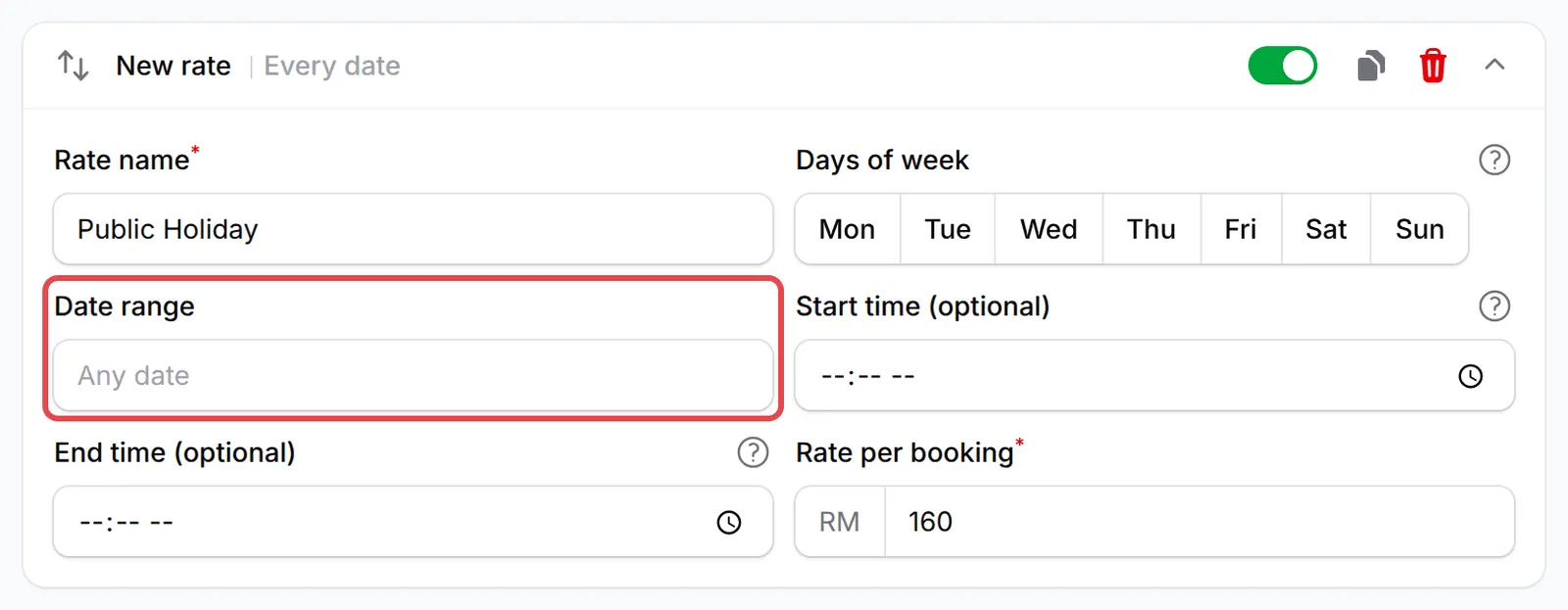 A new rate named Public Holiday with the Date range field highlighted