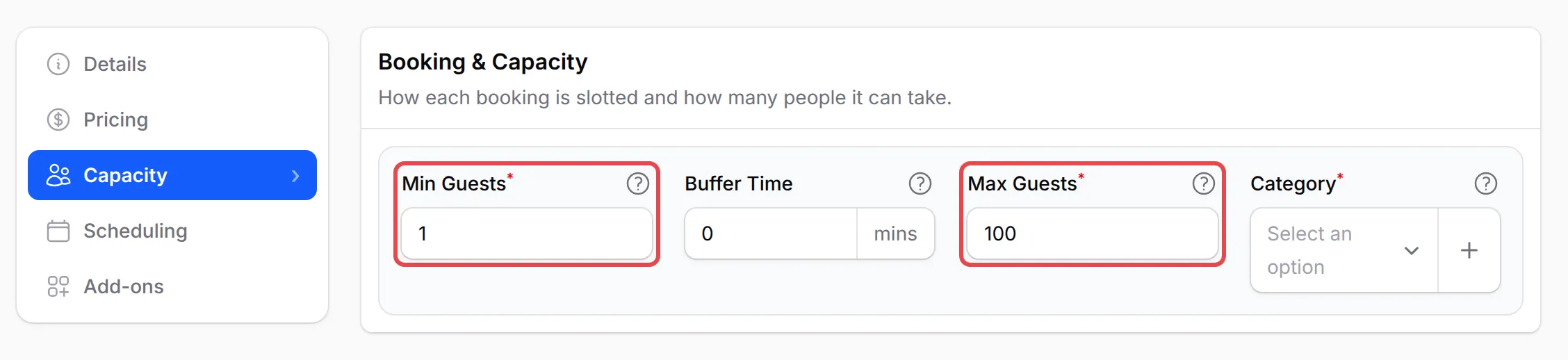 The Capacity tab of a Reservation service with Min Guests and Max Guests highlighted
