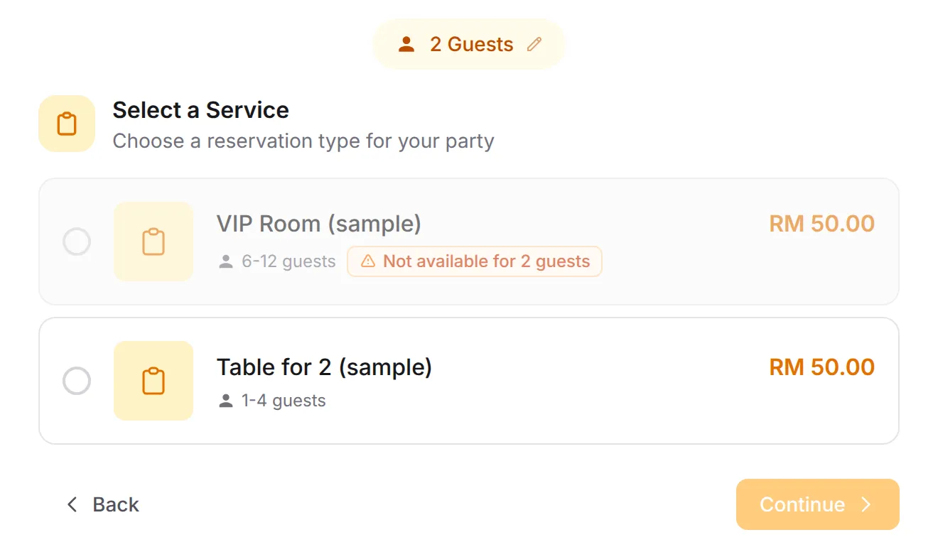 The Select a Service step for 2 guests: a 6-12 guests VIP room greyed out with Not available for 2 guests, and a 1-4 guests table that can be picked