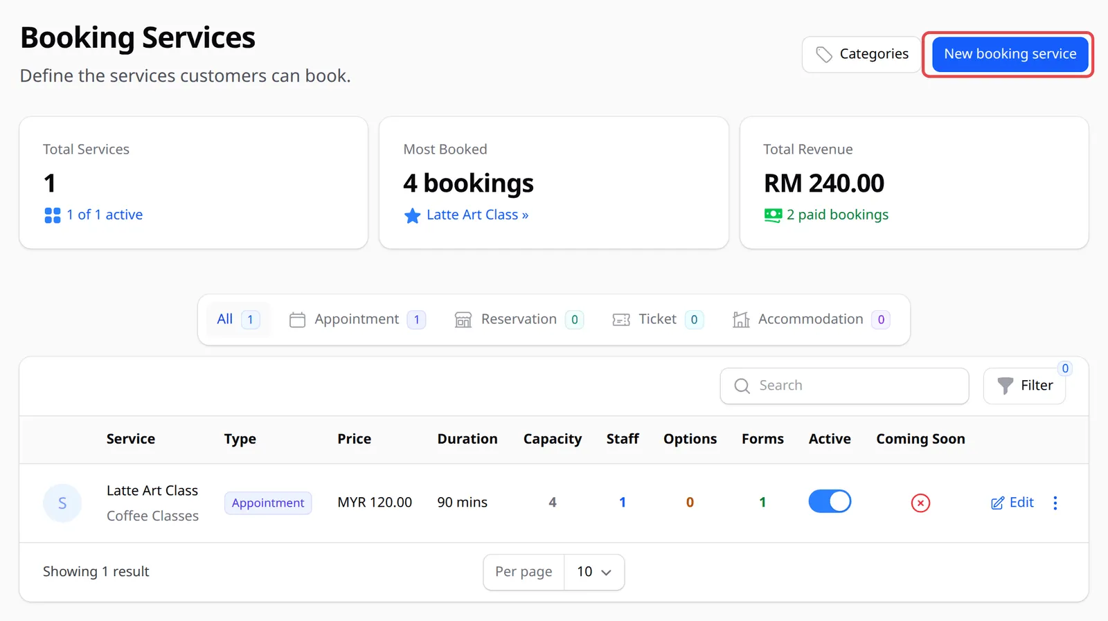 The Booking Services list with the New booking service button highlighted