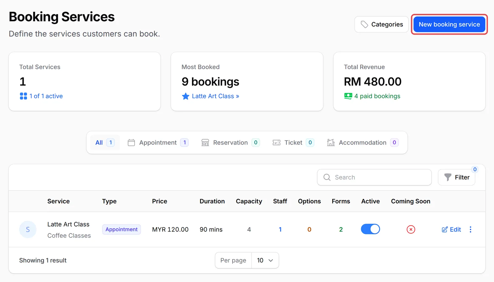Booking Services列表,New booking service按钮已标示