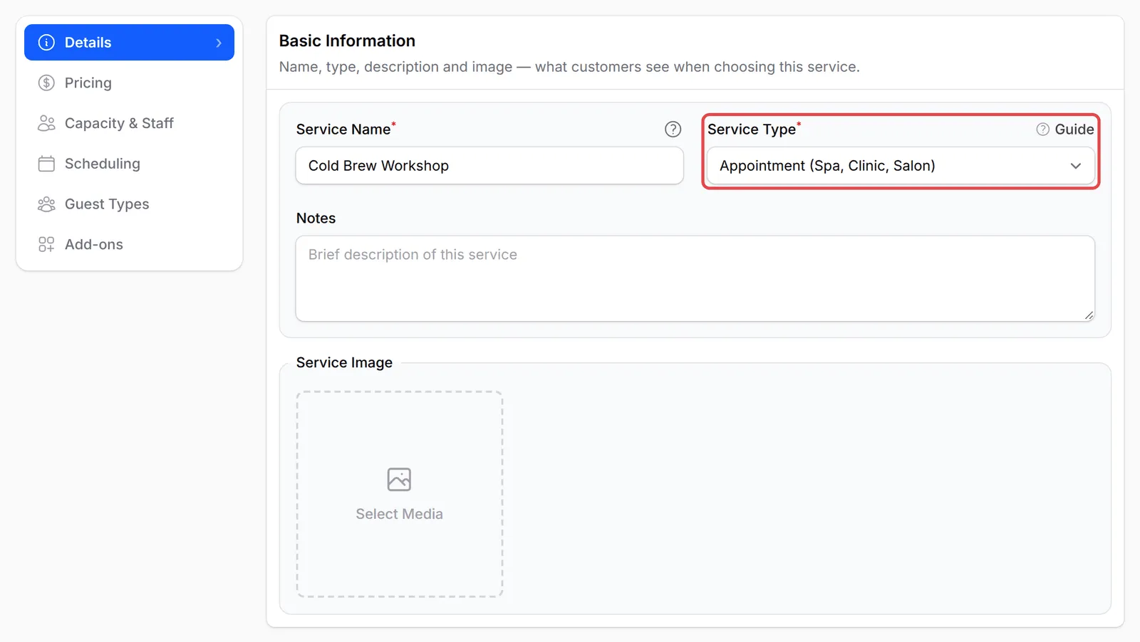 Details标签页,Service Type栏位设为Appointment并已标示