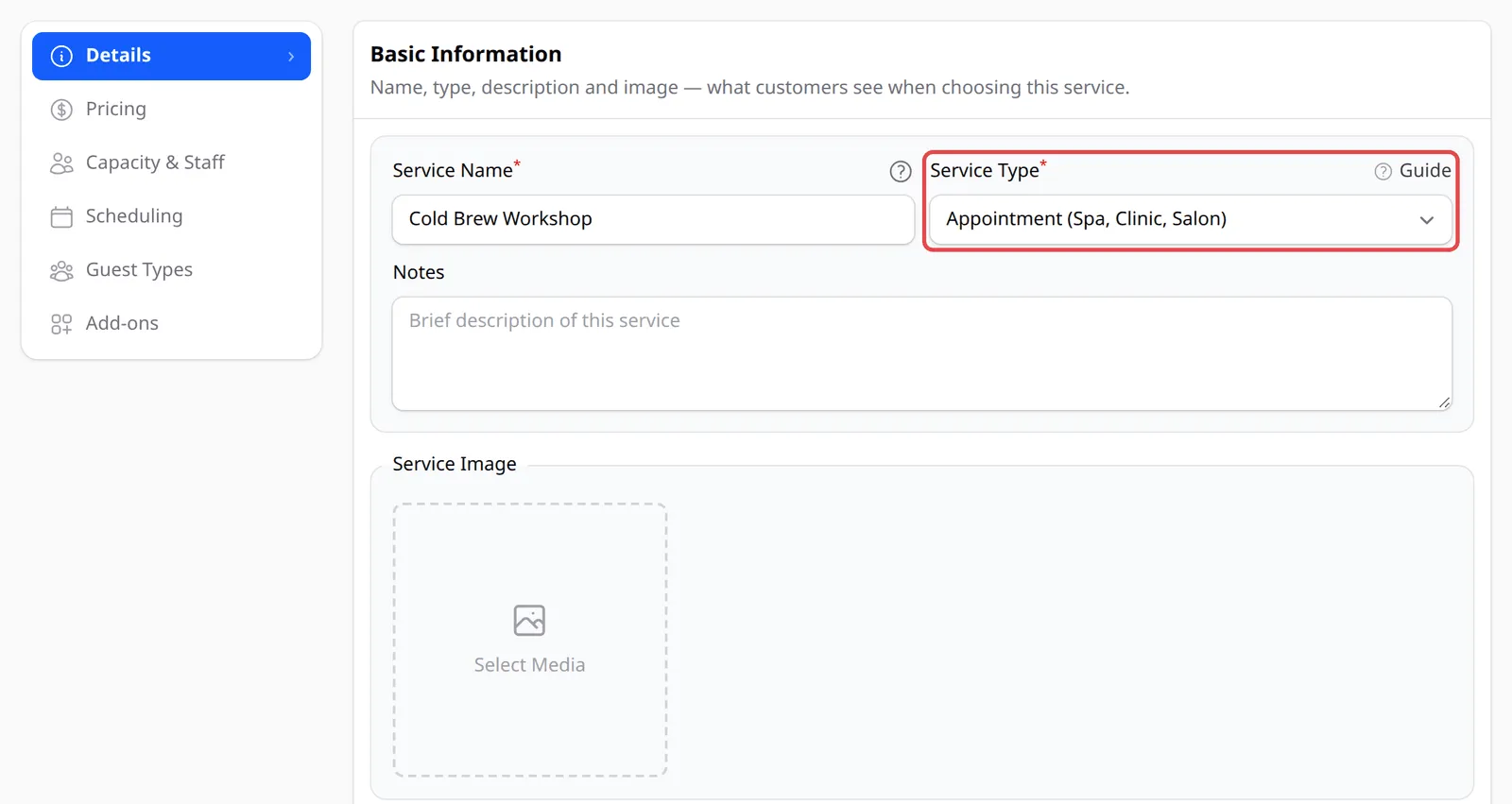 The Details tab with the Service Type field highlighted, set to Appointment