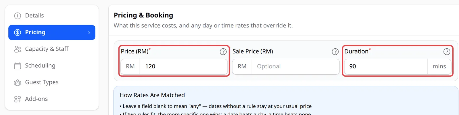 The Pricing tab with Price (RM) and Duration highlighted