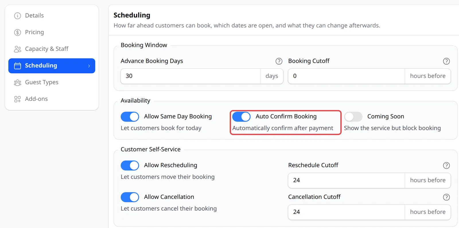 The Scheduling tab with Auto Confirm Booking highlighted
