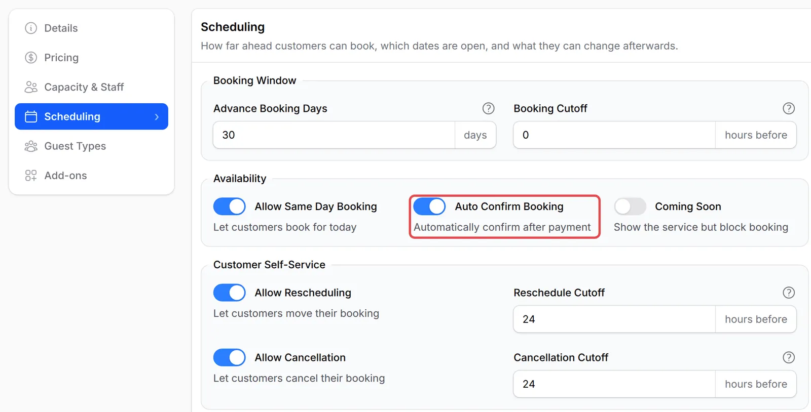 Scheduling标签页,Auto Confirm Booking已标示
