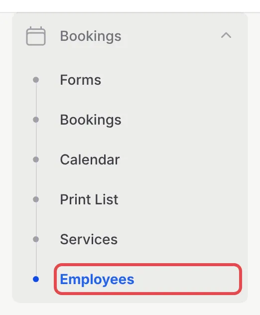 侧边栏的Bookings菜单，Employees已标示