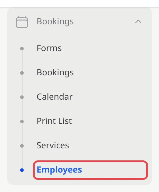 The Bookings menu in the sidebar with Employees highlighted