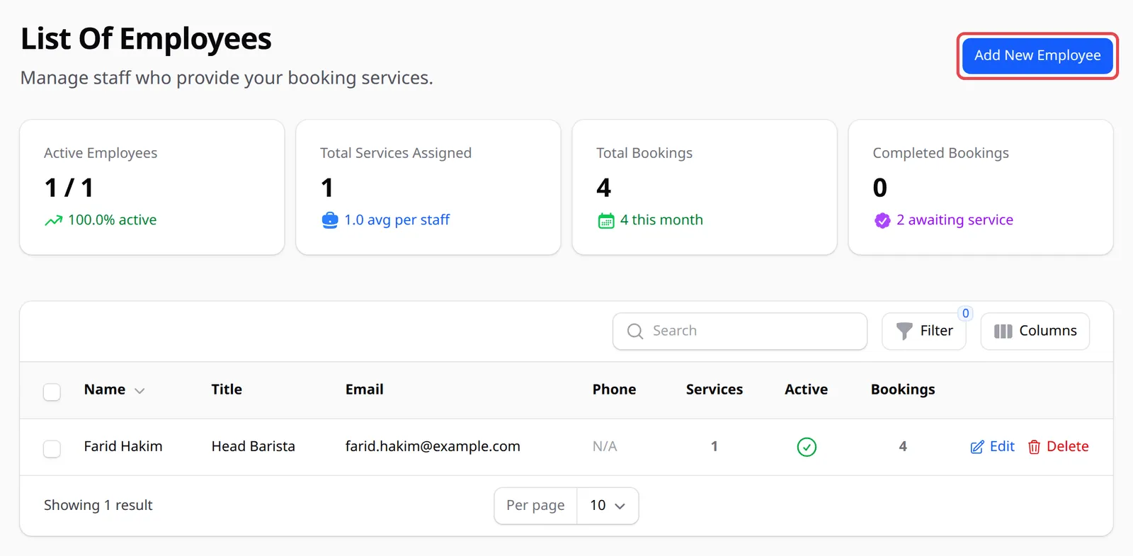 The List Of Employees page with the Add New Employee button highlighted