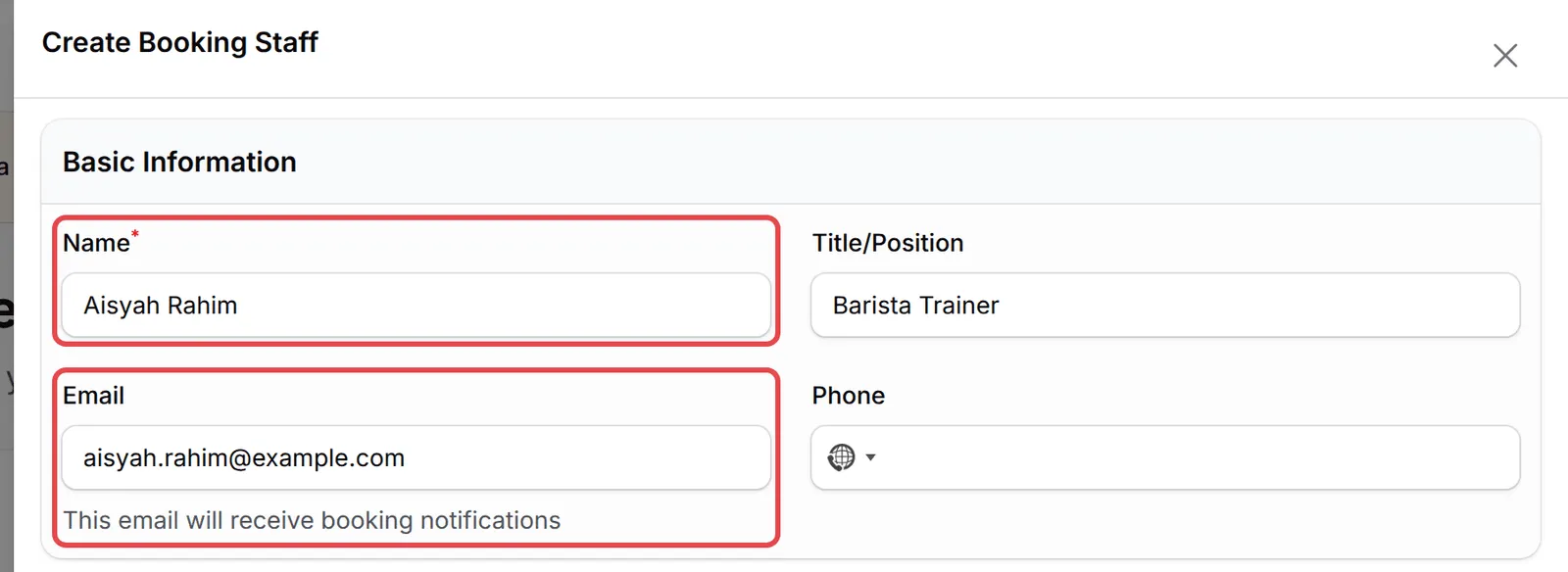 Create Booking Staff面板，Name和Email栏位已标示