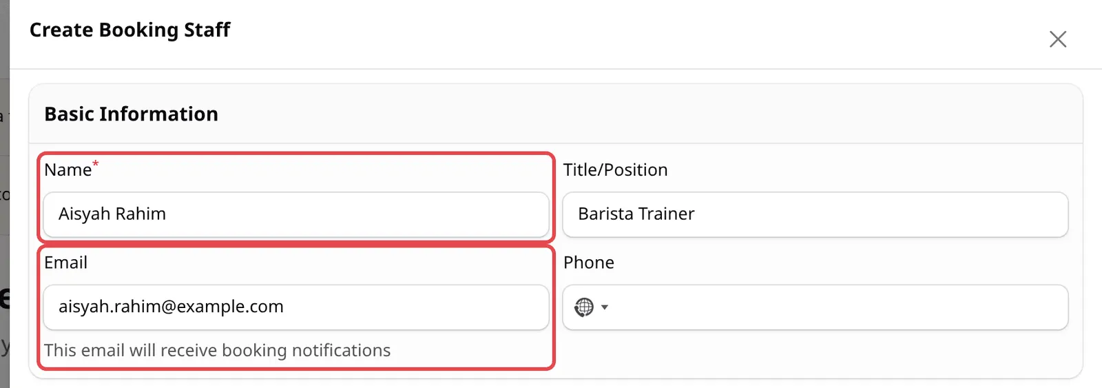 The Create Booking Staff panel with the Name and Email fields highlighted