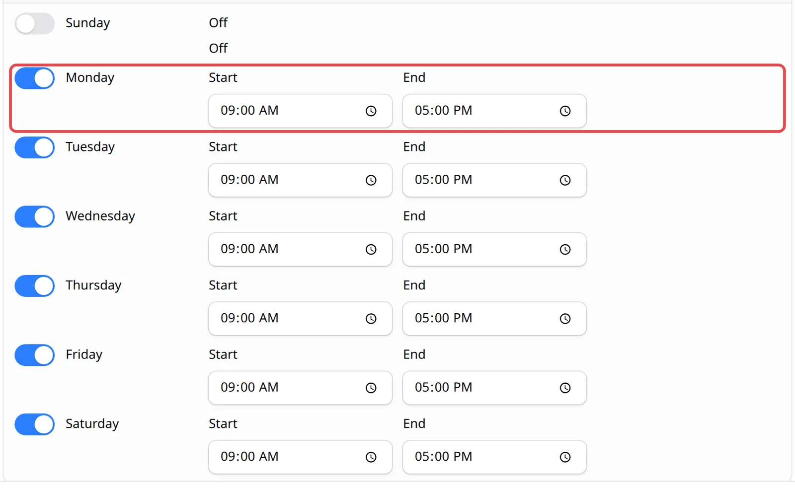 Working Hours with Monday to Saturday switched on and the Monday row highlighted