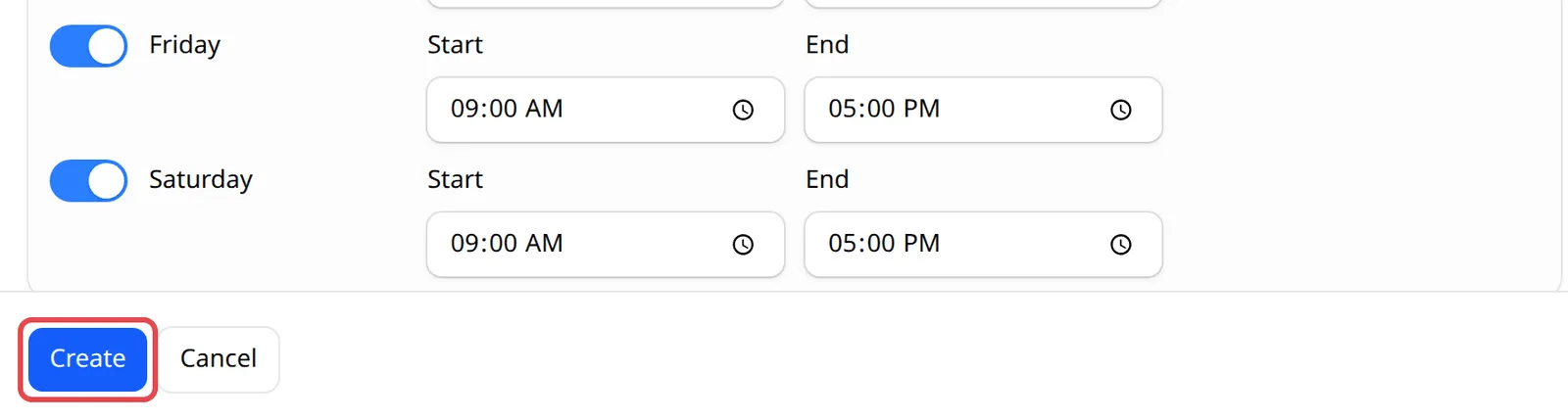 The Create button at the bottom of the panel highlighted