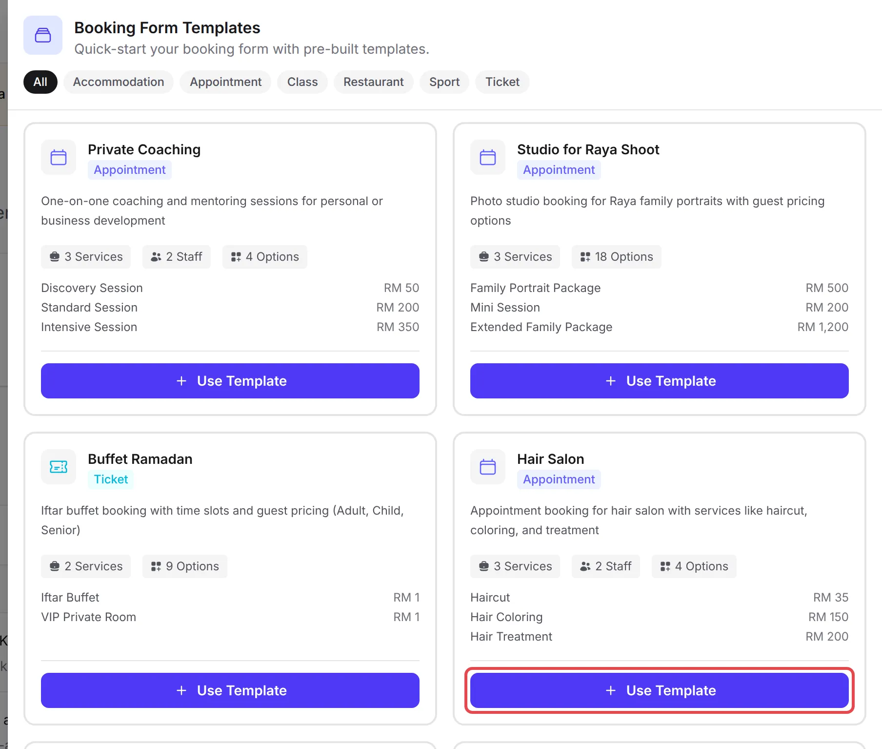 The Booking Form Templates panel with the category tabs and Use Template highlighted on the Hair Salon card