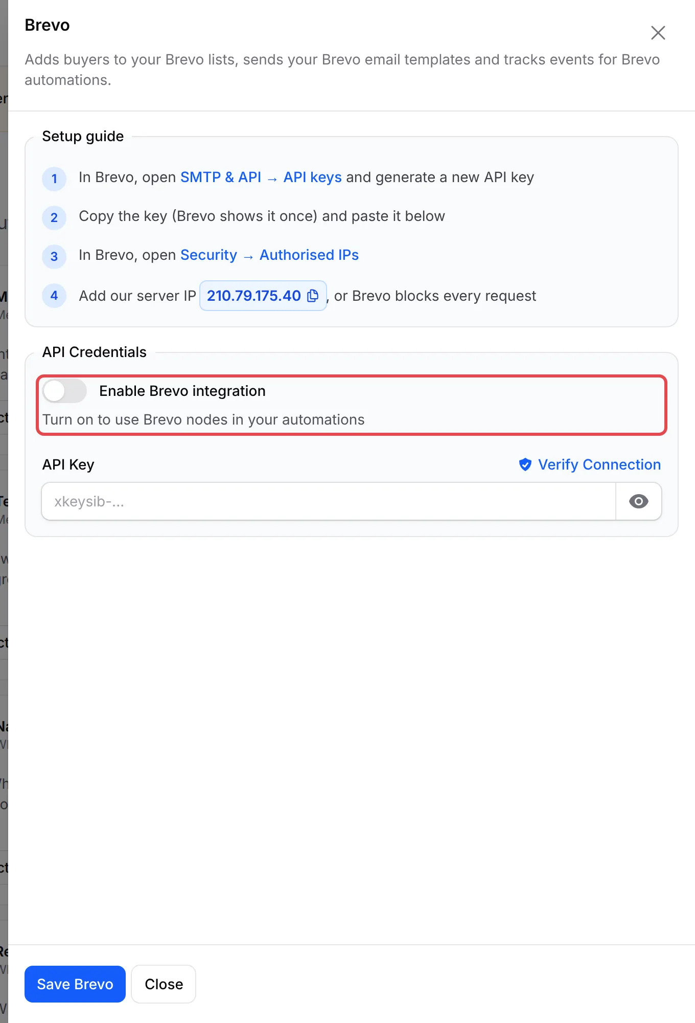 The Brevo panel with Enable Brevo integration highlighted