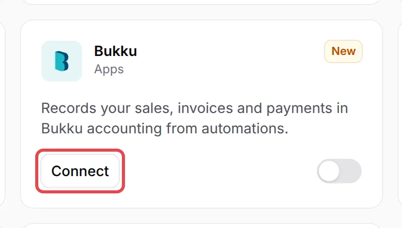 The Bukku card on the Integrations page with Connect highlighted