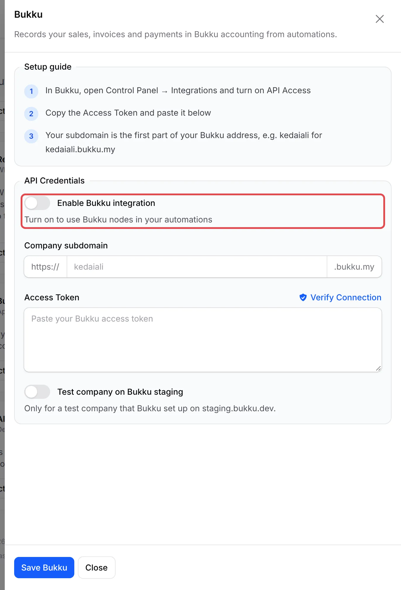 The Bukku panel with Enable Bukku integration highlighted