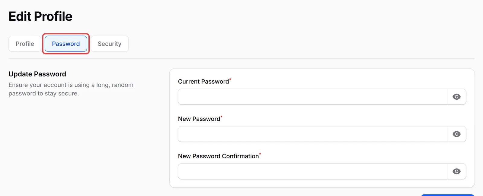 Edit Profile页面,Password标签页已标示,下方是Update Password栏位