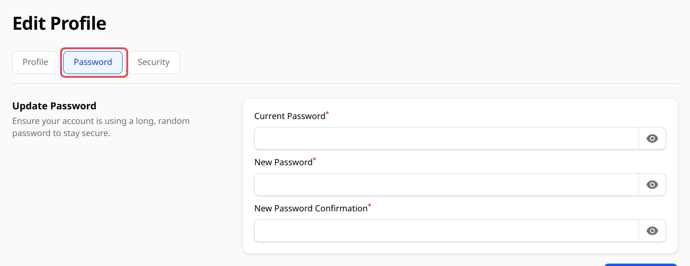 Page Edit Profile dengan tab Password ditanda dan ruangan Update Password di bawahnya