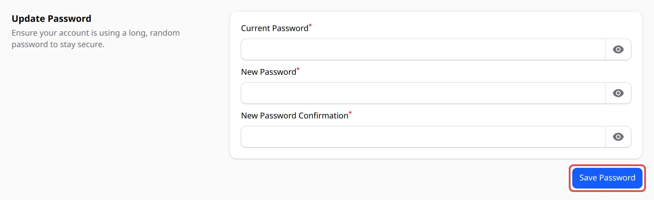 Ruangan Current Password, New Password dan New Password Confirmation, dengan Save Password ditanda