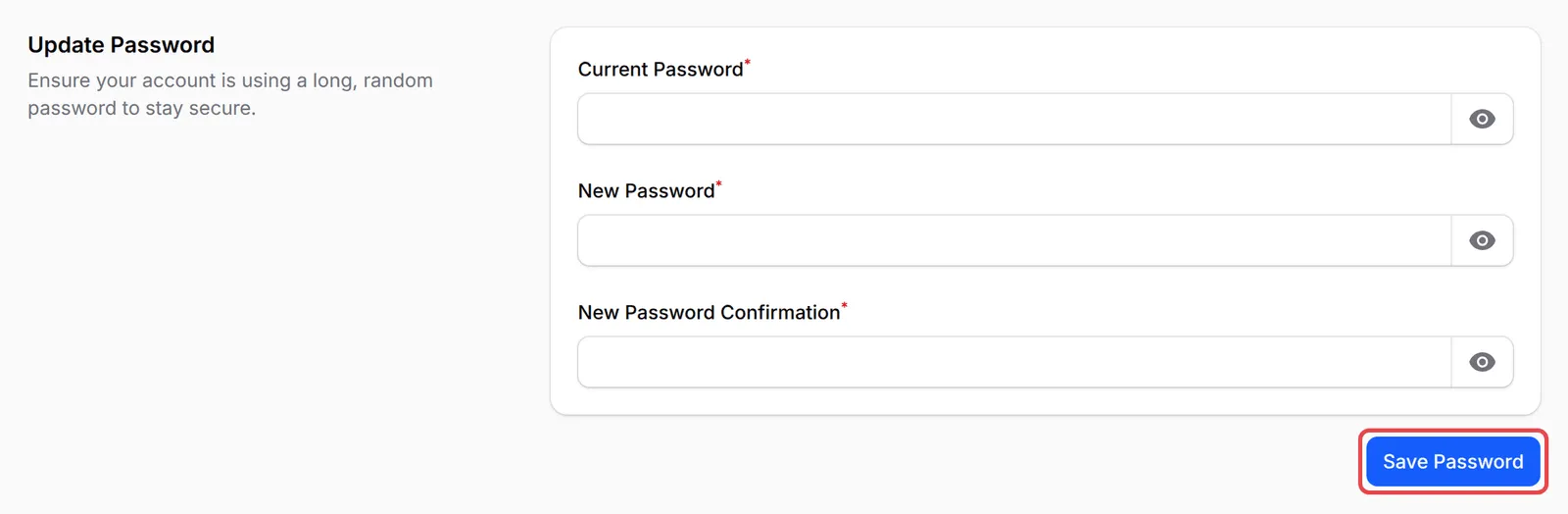 Current Password、New Password和New Password Confirmation栏位,Save Password已标示