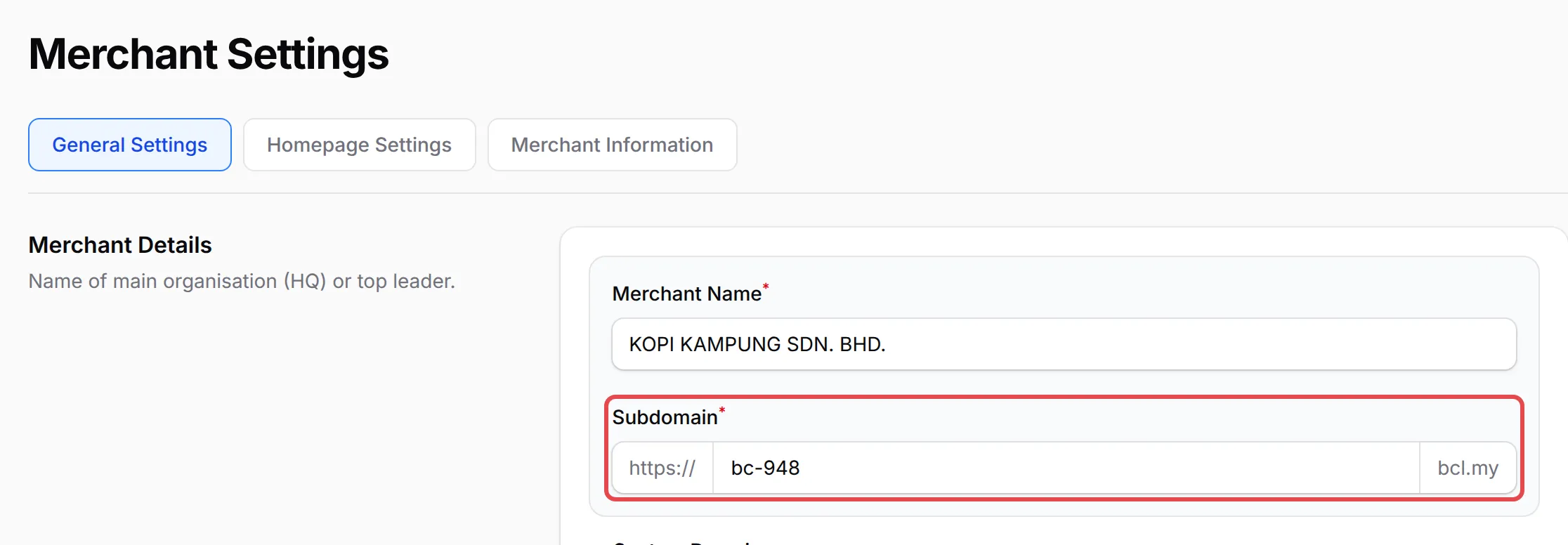 The General Settings tab of Merchant Settings with the Subdomain field highlighted