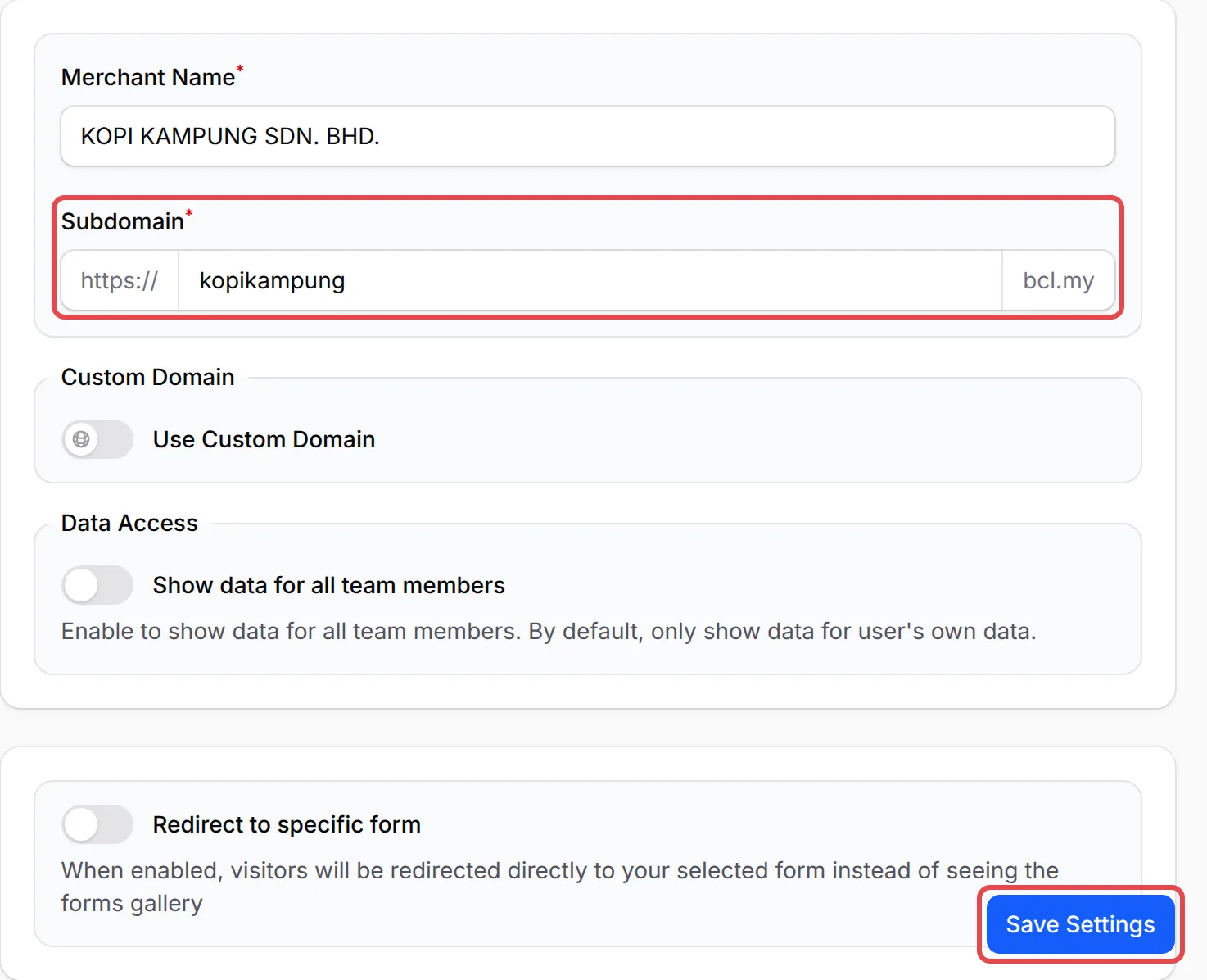 Subdomain changed to kopikampung, with the Subdomain field and the Save Settings button highlighted